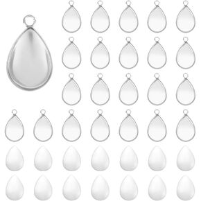 UNICRAFTALE 60 Sets 304 Stainless Steel Blank Bezels Teardrop Pendant Making Kit Oval Border Glass Cabochon Tray Charm Hole 1.6mm for Necklace Bracelet Jewelry Making