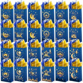 24PCS Eid Mubarak Gift Bags with 32pcs Blue Gold Tissue Paper, Goodie Bags, Ramadan Mubarak Candy Bags, Gift Bags for Kids, Treat Bags for Eid Event Muslim Birthday Party Favor Supplies