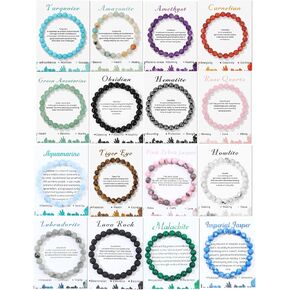 16PCS Natural Crystal Bracelets for Women Men - 8mm Semi-Precious Gemstone Beaded Bracelets, Round Gemstones Stretch Bracelet, Yoga Bracelets Jewelry Gifts