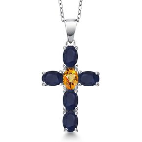 Gem Stone King 925 Sterling Silver Blue Sapphire and Yellow Sapphire Cross Pendant Necklace for Women | 3.39 Cttw | Gemstone September Birthstone | Oval 6X4MM | With 18 Inch Chain