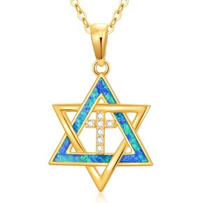 Solid 14K Gold Star of David Necklace for Women, 14kt Real Gold Opal Star of David Cross Pendant Necklace Religious Jewelry Gifts for Mom Wife Christmas Birthday Mother's Day