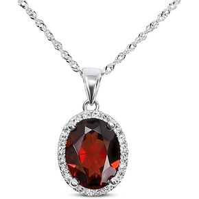 14K White Gold Genuine Garnet 9x7 mm Oval Diamond Pendant Necklace