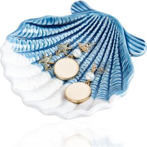 GORGECRAFT Ceramic Shell Tray Blue Jewelry Dish Ring Holder Organizer Ocean Sea Style Earrings Necklace Storage Decorative Small Key Bowl Plate for Watch Trinket Entryway Table Home Party Decor