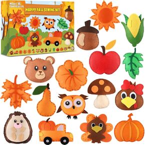16 Sets Thanksgiving Sewing Kit Fall DIY Stuffed Craft Kit Fall Pumpkin DIY Sewing Set for Kids Thanksgiving Felt Ornaments Decorations for Beginners Educational Craft Toys Gifts for Boys Girls