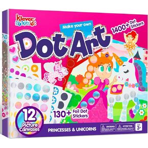 Klever Kits Dot Art Kit for Kids, No Mess Sticker for Toddlers 3-7, Craft Kits, DIY Creative Activity, Travel Toy, Birthday for Boys Girls (Unicorns & Princess)