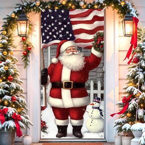 Christmas Door Cover Santa Claus Door Banner Cute Merry Christmas Door Decoration American Flag Snowman Xmas Holiday Door Hanging Banner for Front Door Christmas Home Winter Party Decor 72.8 x 35.4 In