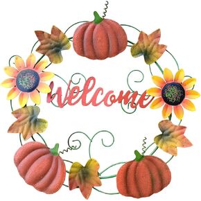 Metal Fall Pumpkin Welcome Wreaths Autumn Harvest Wreath Front Door Porch Outdoors Decorations, Autumn Halloween Thanksgiving Decorative Pumpkins Wall Decor