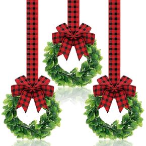 MTLEE 3 Pcs Christmas Kitchen Cabinet Wreaths 6 Inches Mini Cabinet Wreath with Ribbon Small Kitchen Wreath Artificial Farmhouse Hanging Garland for Xmas Front Door Wall Window Decor