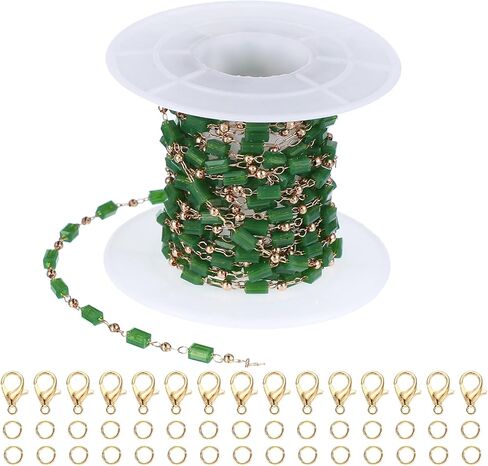 PATIKIL Copper Jewelry Chain, 10Ft Green Porcelain Crystal Link Cable Chains for Necklace Earring Bracelet Findings Jewelry Making Trucker Hat Chains, Gold/Green Porcelain in Saudi Arabia