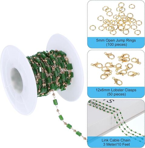 PATIKIL Copper Jewelry Chain, 10Ft Green Porcelain Crystal Link Cable Chains for Necklace Earring Bracelet Findings Jewelry Making Trucker Hat Chains, Gold/Green Porcelain in Saudi Arabia