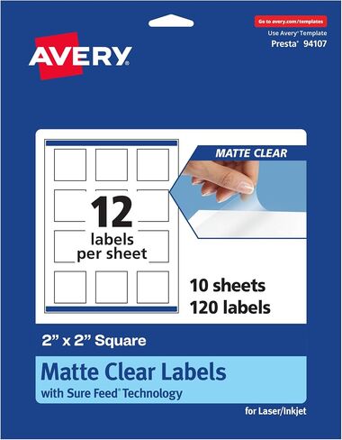 ملصقات مربعة شفافة غير لامعة من Avery مع تغذية مؤكدة، 2 بوصة × 2 بوصة، 300 ملصق شفاف غير لامع، طباعة إلى الحافة، ملصقات قابلة للطباعة بالليزر/نفث الحبر in Saudi Arabia