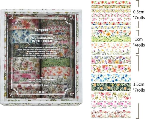 18 Rolls Seasons Flowers Washi Tape Set Floral Arts Adhesive Tapes Blooming Garden Decorative Masking Tape Sets for Craft, Kids, Scrapbook, DIY, Gift Wrapping (Spring) in Kuwait