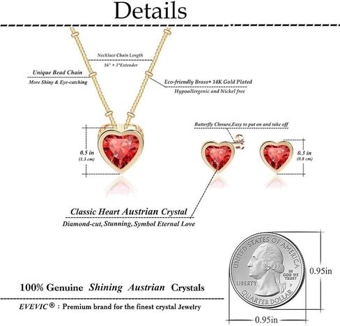 EVEVIC Austrian Crystal Heart Pendant Necklace Earrings for Women 14K Gold Plated Hypoallergenic Jewelry Set in Saudi Arabia