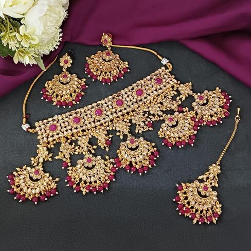 Efulgenz Indian Jewelry Choker Kundan Crystal Faux Pearl Necklace Earrings Maang Tikka Head Chain Bollywood Wedding Bridal Set for Women in Saudi Arabia