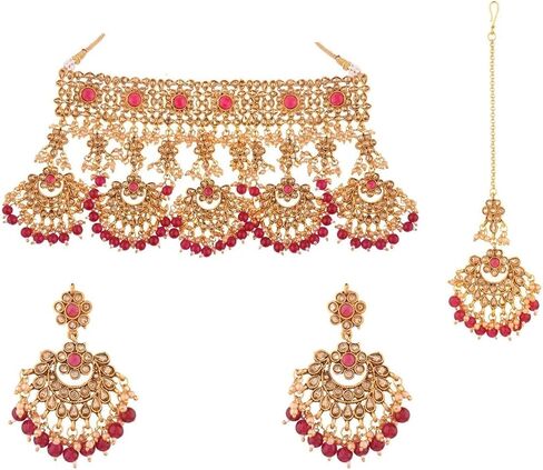 Efulgenz Indian Jewelry Choker Kundan Crystal Faux Pearl Necklace Earrings Maang Tikka Head Chain Bollywood Wedding Bridal Set for Women in Saudi Arabia