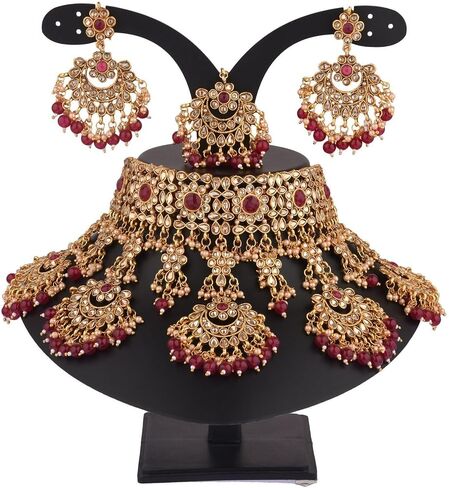 Efulgenz Indian Jewelry Choker Kundan Crystal Faux Pearl Necklace Earrings Maang Tikka Head Chain Bollywood Wedding Bridal Set for Women in Saudi Arabia
