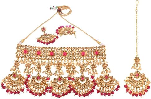 Efulgenz Indian Jewelry Choker Kundan Crystal Faux Pearl Necklace Earrings Maang Tikka Head Chain Bollywood Wedding Bridal Set for Women in Saudi Arabia
