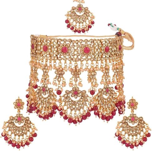 Efulgenz Indian Jewelry Choker Kundan Crystal Faux Pearl Necklace Earrings Maang Tikka Head Chain Bollywood Wedding Bridal Set for Women in Saudi Arabia