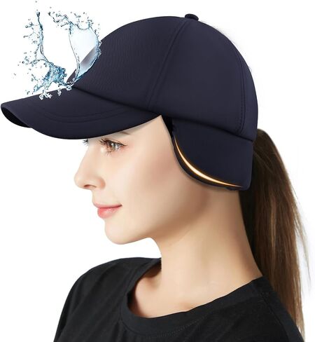 Peicees Winter Fleece Hat with Ponytail Hole Drop Down Ear Flaps Warmer for Women Men Waterproof Running Baseball Cap Riding in Saudi Arabia