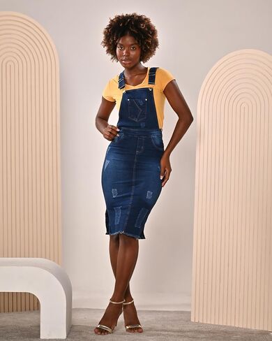 Denim Overall Skirt for Women Midi Length Pinafore Comfortable Stretchy Jean Side Slit in Saudi Arabia
