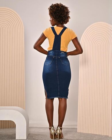 Denim Overall Skirt for Women Midi Length Pinafore Comfortable Stretchy Jean Side Slit in Saudi Arabia