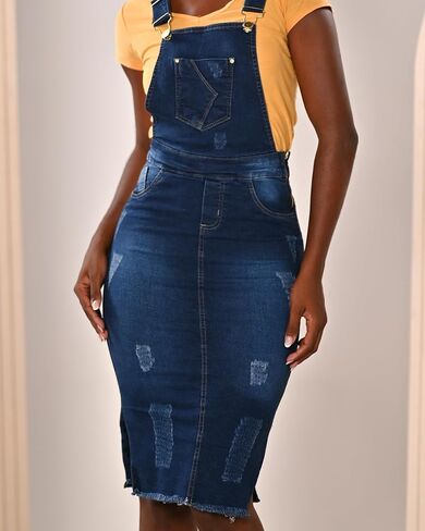 Denim Overall Skirt for Women Midi Length Pinafore Comfortable Stretchy Jean Side Slit in Saudi Arabia