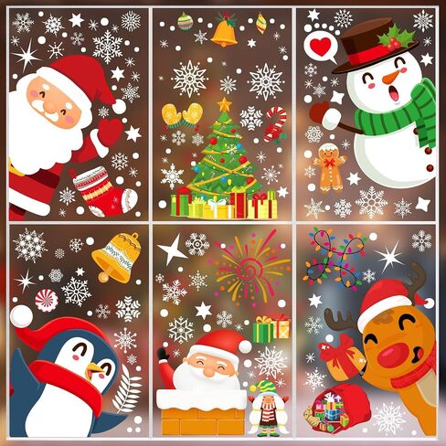 9 Sheets 200+Pcs Christmas Window Stickers Xmas Decals Decorations for Glass Snowflake Santa Claus Reindeer Window Cling Sticker for Decorations in Saudi Arabia