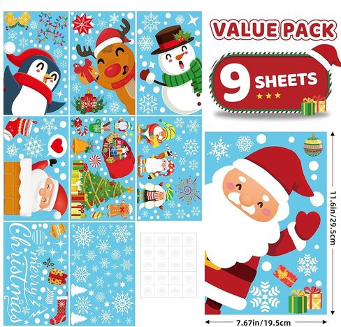 9 Sheets 200+Pcs Christmas Window Stickers Xmas Decals Decorations for Glass Snowflake Santa Claus Reindeer Window Cling Sticker for Decorations in Saudi Arabia