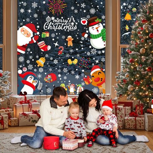 9 Sheets 200+Pcs Christmas Window Stickers Xmas Decals Decorations for Glass Snowflake Santa Claus Reindeer Window Cling Sticker for Decorations in Saudi Arabia