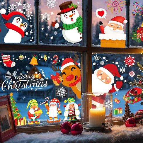 9 Sheets 200+Pcs Christmas Window Stickers Xmas Decals Decorations for Glass Snowflake Santa Claus Reindeer Window Cling Sticker for Decorations in Saudi Arabia