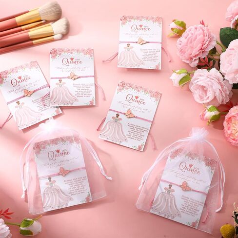 50 مجموعة من هدايا حفلات Quinceanera من Wenqik للضيوف، سوار أمنيات الفراشة مع بطاقات شكر وأكياس هدايا من الأورجانزا، هدية Quinceanera لإمدادات أعياد الميلاد الحلوة لمدة 15 عامًا، Recuerdos De Quinceañera in Saudi Arabia