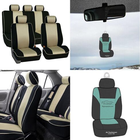 FH Group Edgy Piping Full Set Car Seat Covers, Airbag Compatible and Split Bench - Universal Fit for Cars Trucks and SUVs (Beige/Black) FB063115 in Kuwait