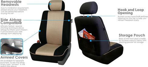 FH Group Edgy Piping Full Set Car Seat Covers, Airbag Compatible and Split Bench - Universal Fit for Cars Trucks and SUVs (Beige/Black) FB063115 in Kuwait