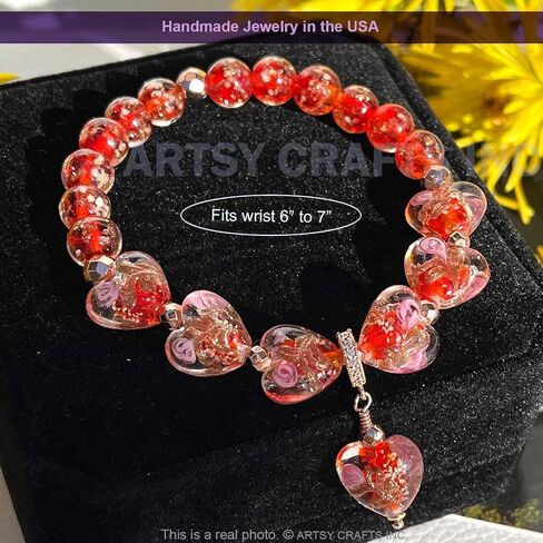 ARTSY Crafts Glow in the Dark Firefly Bead Bracelets Necklaces, Handmade in USA Heart Shaped Firefly Glass Jewelry, Murano Glass Crystal Mermaid Roses Heart Charm Bracelet Bangle in Kuwait
