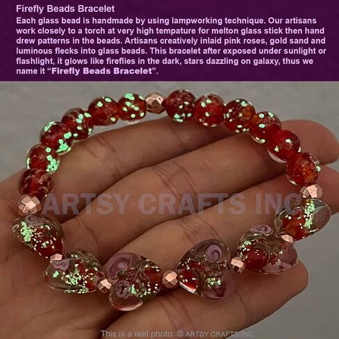 ARTSY Crafts Glow in the Dark Firefly Bead Bracelets Necklaces, Handmade in USA Heart Shaped Firefly Glass Jewelry, Murano Glass Crystal Mermaid Roses Heart Charm Bracelet Bangle in Kuwait