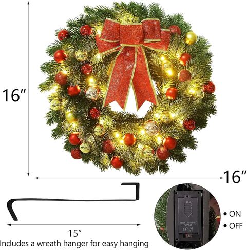 Lulu Home 16 Inch Pre-lit Christmas Wreath with Hook, Battery Operated Christmas Wreath Decorative Christmas Balls Hanging Ornament, Artificial Door Wreath 40 Clear LED Lights in Saudi Arabia