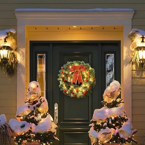 Lulu Home 16 Inch Pre-lit Christmas Wreath with Hook, Battery Operated Christmas Wreath Decorative Christmas Balls Hanging Ornament, Artificial Door Wreath 40 Clear LED Lights in Saudi Arabia