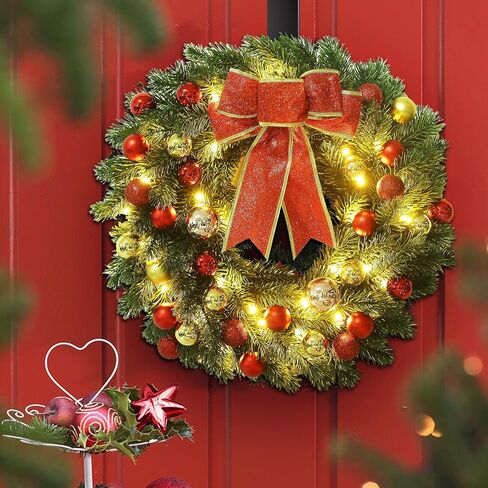 Lulu Home 16 Inch Pre-lit Christmas Wreath with Hook, Battery Operated Christmas Wreath Decorative Christmas Balls Hanging Ornament, Artificial Door Wreath 40 Clear LED Lights in Saudi Arabia