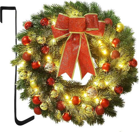 Lulu Home 16 Inch Pre-lit Christmas Wreath with Hook, Battery Operated Christmas Wreath Decorative Christmas Balls Hanging Ornament, Artificial Door Wreath 40 Clear LED Lights in Saudi Arabia