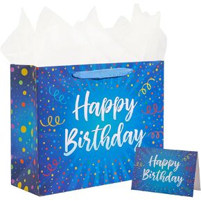 BULKYTREE 13" Large Happy Birthday Gift Bag with Card and Tissue Papers for Women Men Boys Girls Colorful Design with Handles