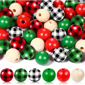 Maitys 180 Pieces Christmas Craft Beads Buffalo Plaid Wooden Beads Colorful Farmhouse Natural Handmade Round Bead for DIY Arts Holiday Christmas Tree Garland Xmas Home Decor(Classic Color)