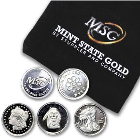 Five (5) One Gram .999 Fine Silver Rounds with Random Designs in a Jewelry Pouch by Mint State Gold