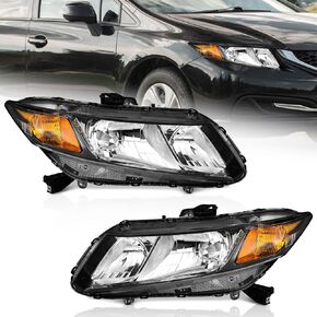 for 2012-2015 Honda Civic 4Dr Sedan Headlights for 12-13 Honda Civic 2Dr Coupe Pair Headlamp Chrome Housing Amber Reflector Left+Right Side (Does NOT Fit Hybrid or Hybrid-L Models)