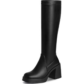 Black Knee High Boots for Women - Square Toe Platform Chunky Heel Tall Boots with Side Zipper, Stretchy Leather Fashion Gogo Boots for Fall Winter