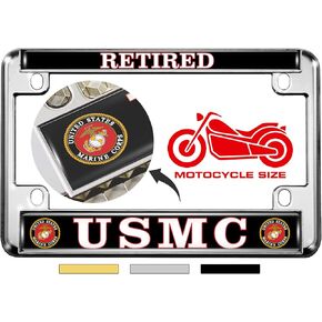 [Officially Licensed US Marine Corps Product] - Motorcycle Domed Custom-Made Personalized Metal License Plate Frame Frame with USMC Retired Design - Black