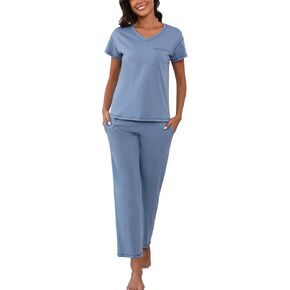 PNAEONG Pajamas for Women Set 2 Piece Soft Cotton Sleepwear Short Sleeve Top Long Pants Loungewear V Neck Lounge Pjs