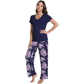 WiWi Viscose from Bamboo Womens Pajamas Set Soft V Neck Sleepwear Short Sleeve Top with Pant Lightweight S-3X