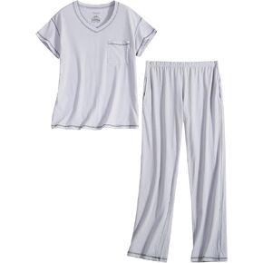 PNAEONG Pajamas for Women Set 2 Piece Soft Cotton Sleepwear Short Sleeve Top Long Pants Loungewear V Neck Lounge Pjs