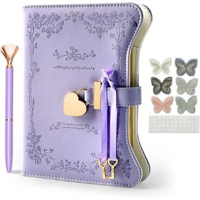 Diary with Lock and Key 360 Gold Edged Pages Journal Book B6 Secret Refillable Diary Notebook with Pen and Butterfly for Women (Pink)
