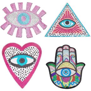 INFUNLY 4pcs Sequin Heart Evil Eyes Iron on Applique Patch Triangle Evil Eye Iron on Applique Patch Large Palm Evil Eye Embroidery Patches Applique for DIY Clothing Jeans Bags Jacket Backpack Hat